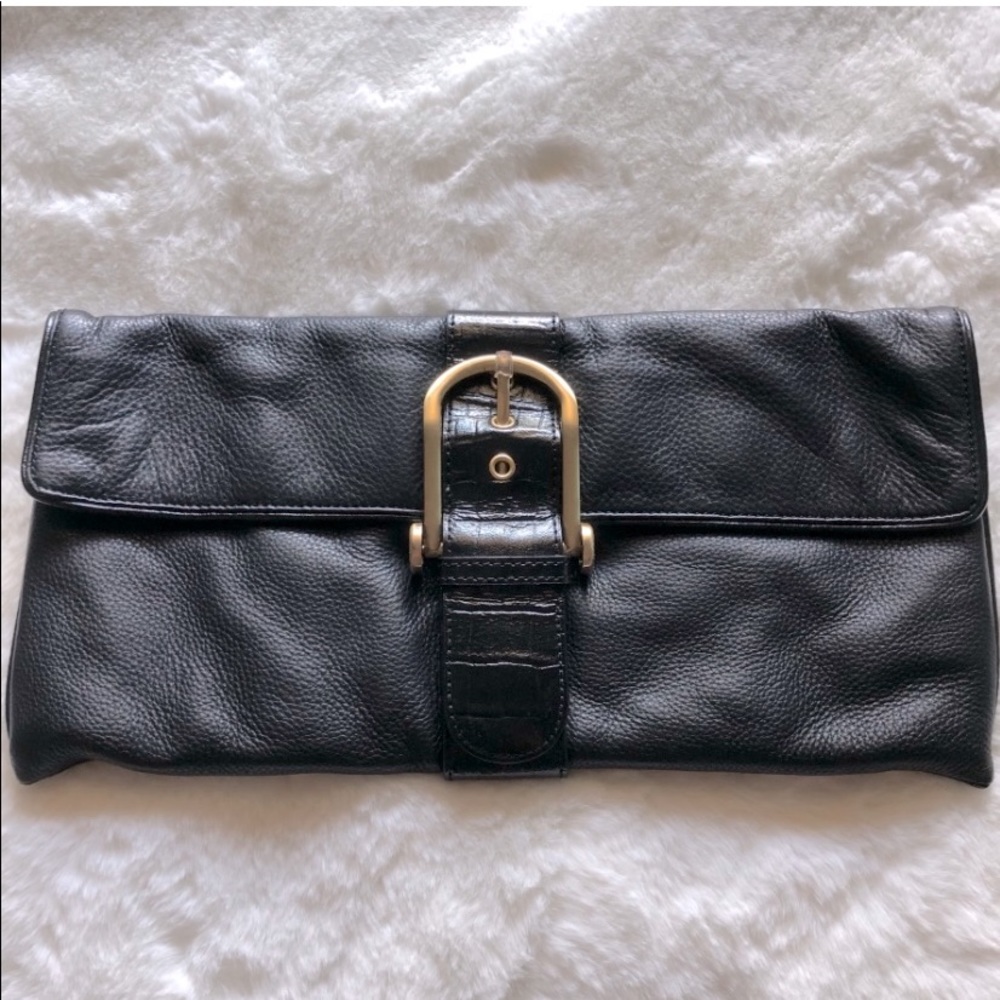 New BCBG black pebble leather large envelope clutch bag purse